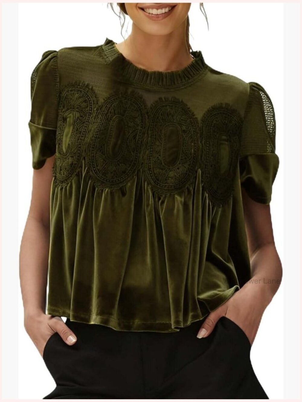 Short Sleeve Velvet Lace Blouse Elegant Vintage Round Neck Flared Swing Top